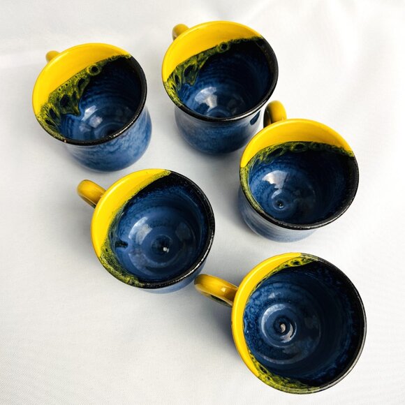 Studio Art Handcrafted Demitasse Cups Red Clay Pottery Blue Yellow Glaze 5 pcs. - Picture 5 of 9